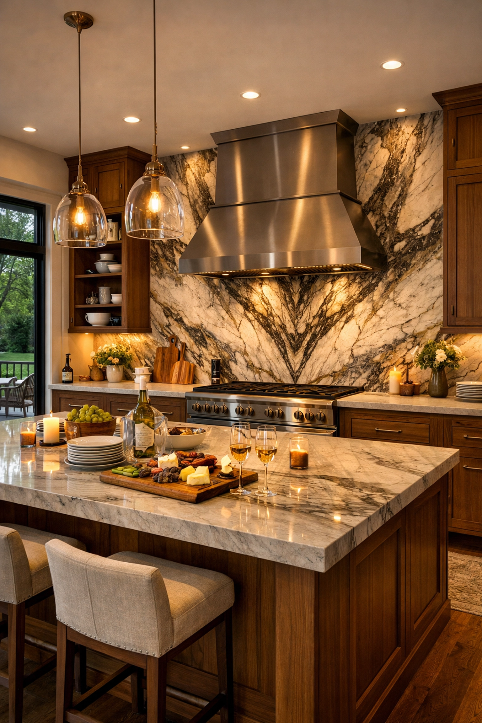 Luxury kitchen remodel Bay Village featuring a bookmatched stone slab backsplash and large island.