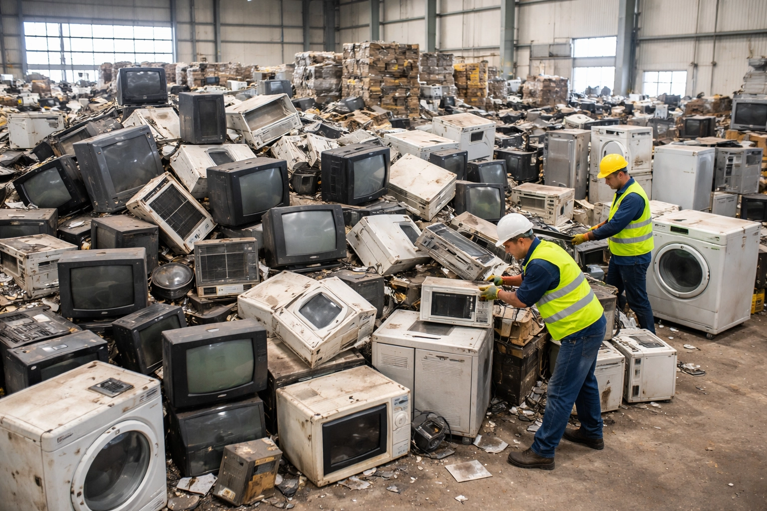 Workers sort piles of old TVs, fridges, and washing machines at an e-waste recycling facility