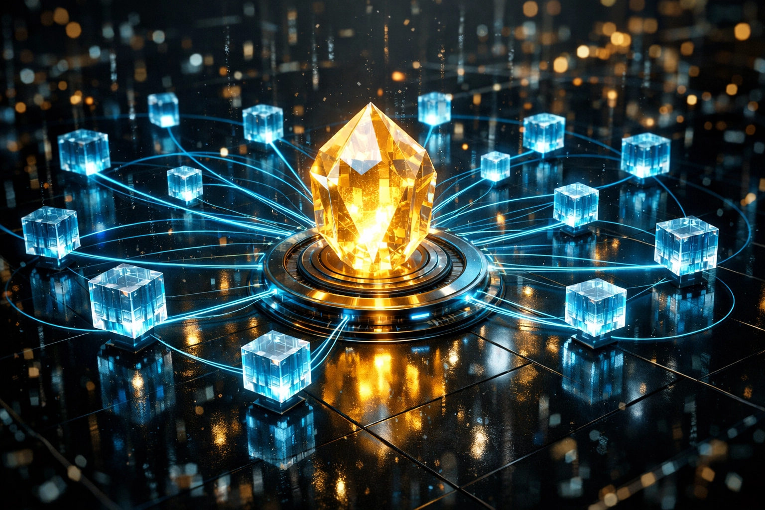 Futuristic digital hub showing a master wallet connected to sub-wallets for global crypto payment infrastructure.