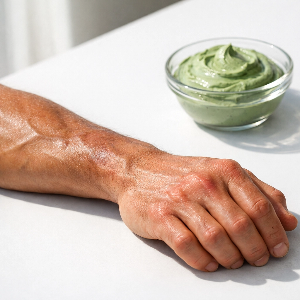 Athlete's sore muscle with green French healing clay as alternative to Tiger Balm for recovery