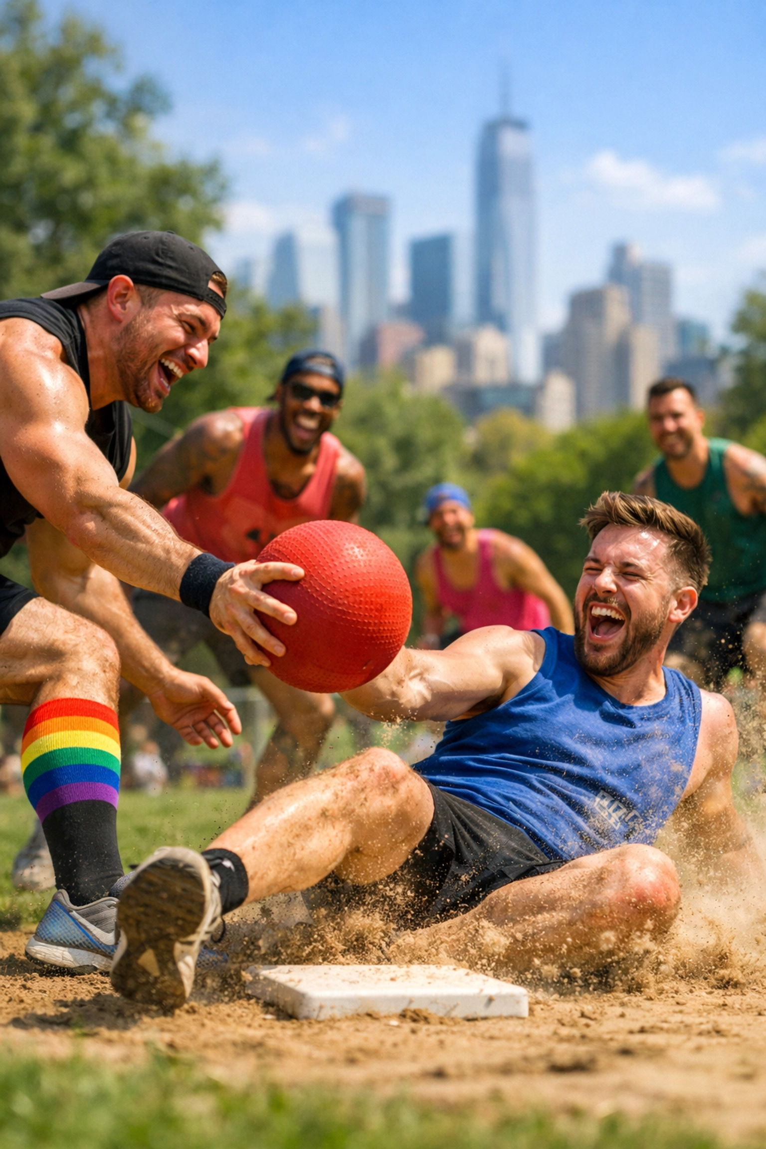Gay men playing kickball in a city park, capturing the playful energy of MM romance tropes in queer sports.