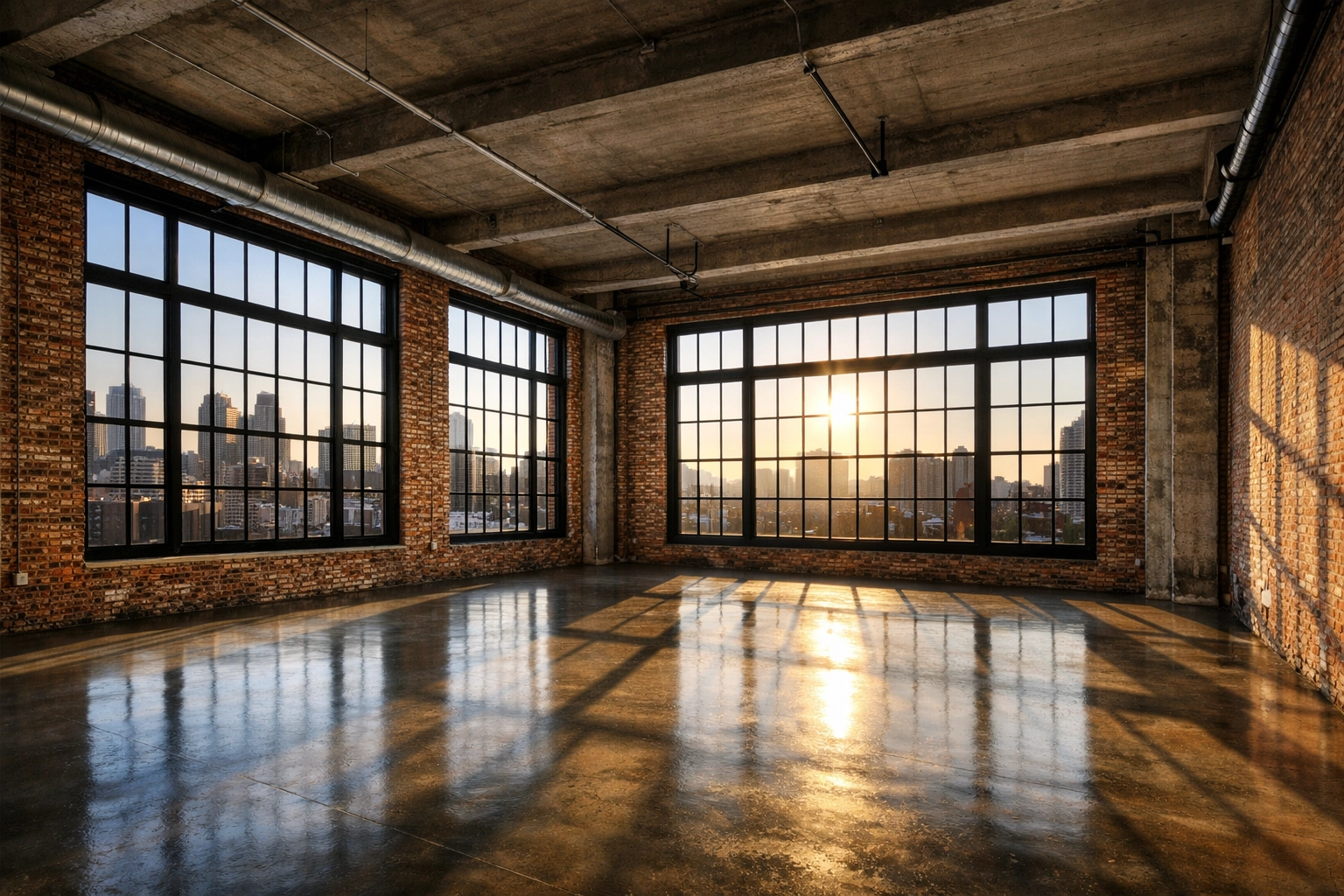 Large Detroit loft with clean brick and sealed concrete floors after professional turnover.