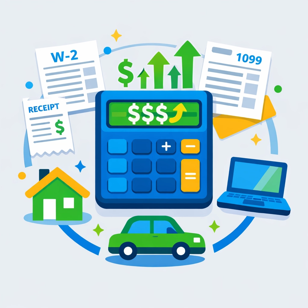 Tax deduction calculator with W-2 forms and receipts showing maximized refund opportunities
