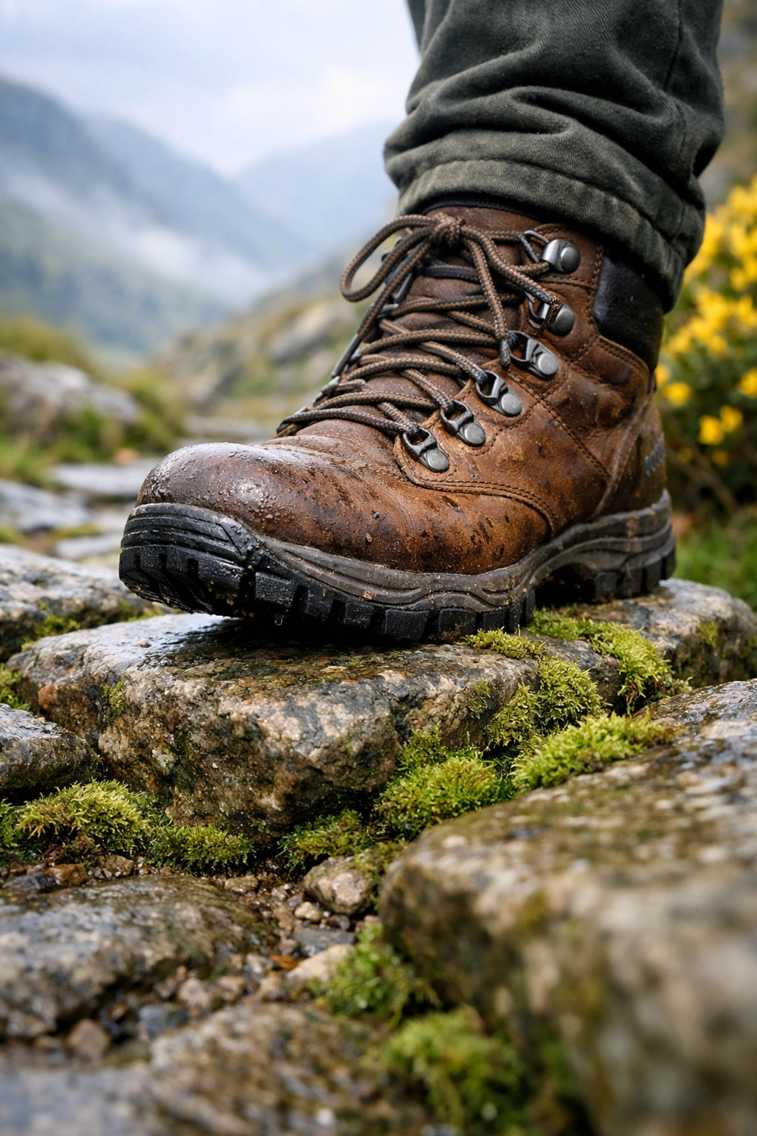 Hiking boots on a damp, moss-covered stone trail, highlighting essential gear for a guided walking tour in the UK.