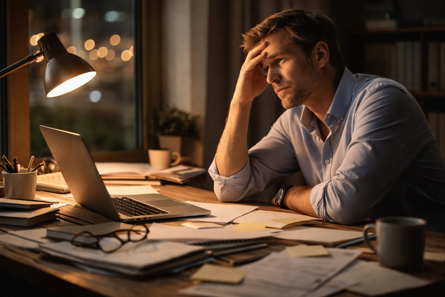 Business owner reflecting at cluttered desk, illustrating the stress of running a business without strategic planning