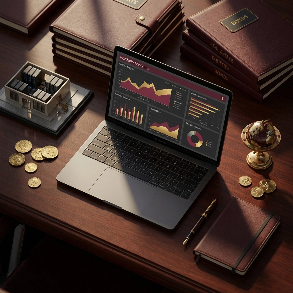 Investor's desk with portfolio analytics and diverse assets, highlighting portfolio management in private equity.