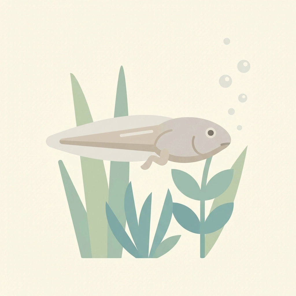 Minimalistic illustration of a tadpole developing hind legs in an observation pond, showing frog metamorphosis stages.