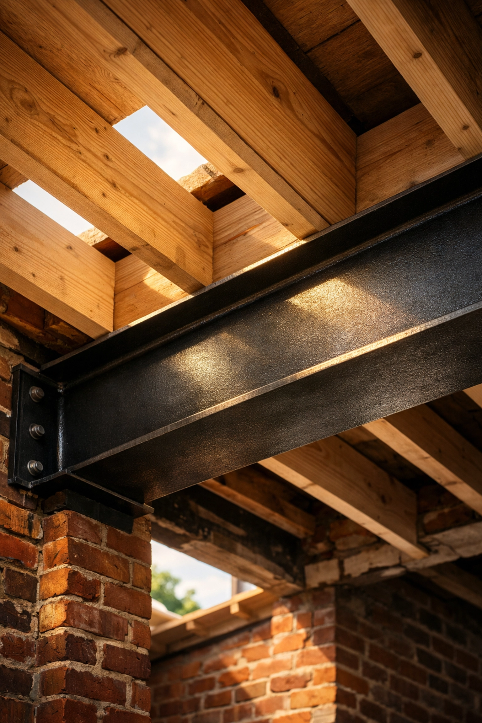 Structural RSJ steel beam installation for a bungalow second floor transformation in West Sussex.