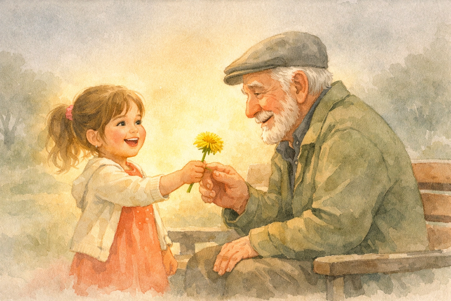 A young girl sharing a dandelion with an elderly man to illustrate sharing the light of Jesus through kindness.