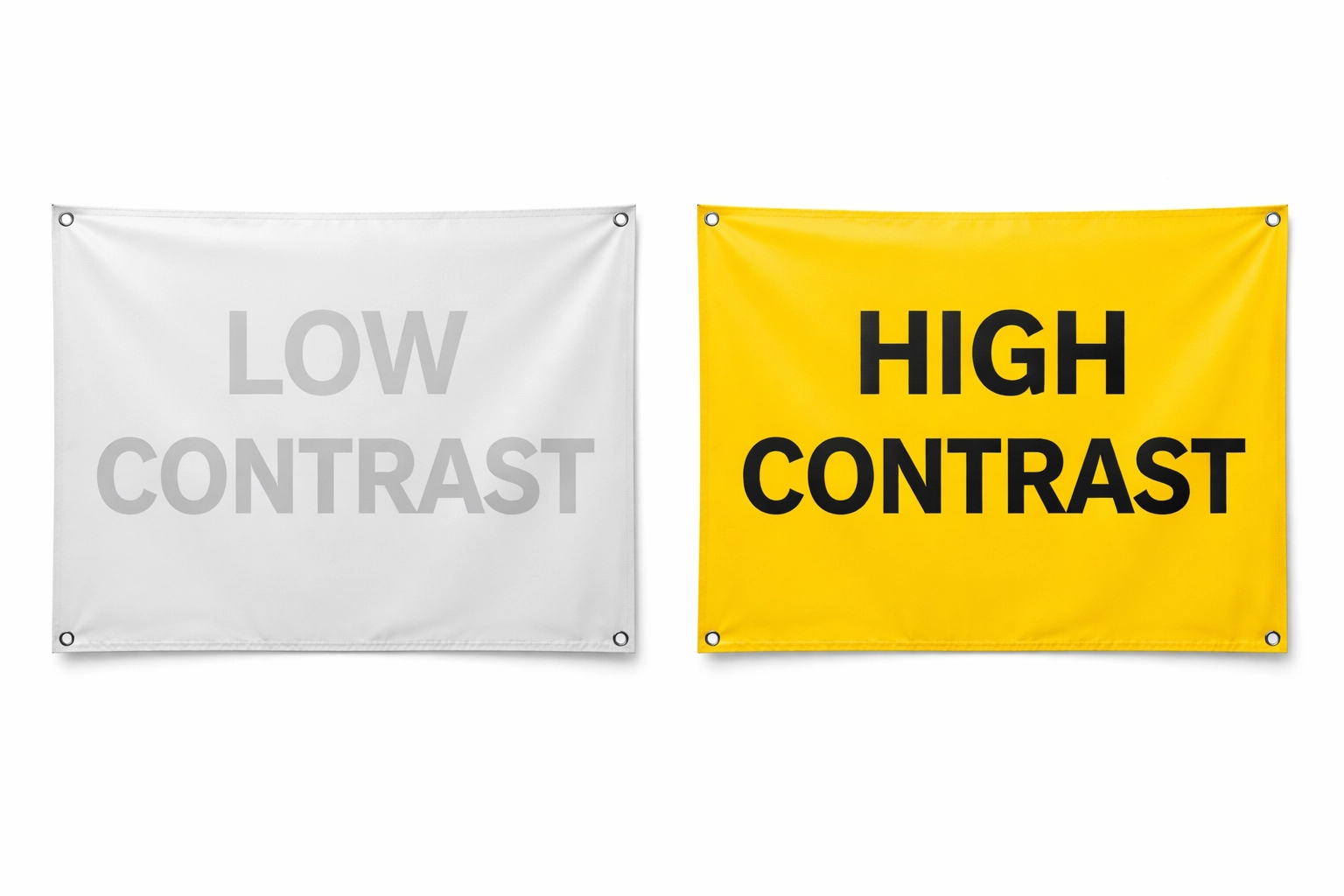 Side-by-side comparison of two scrim vinyl banners, one with low contrast and one with high contrast colors