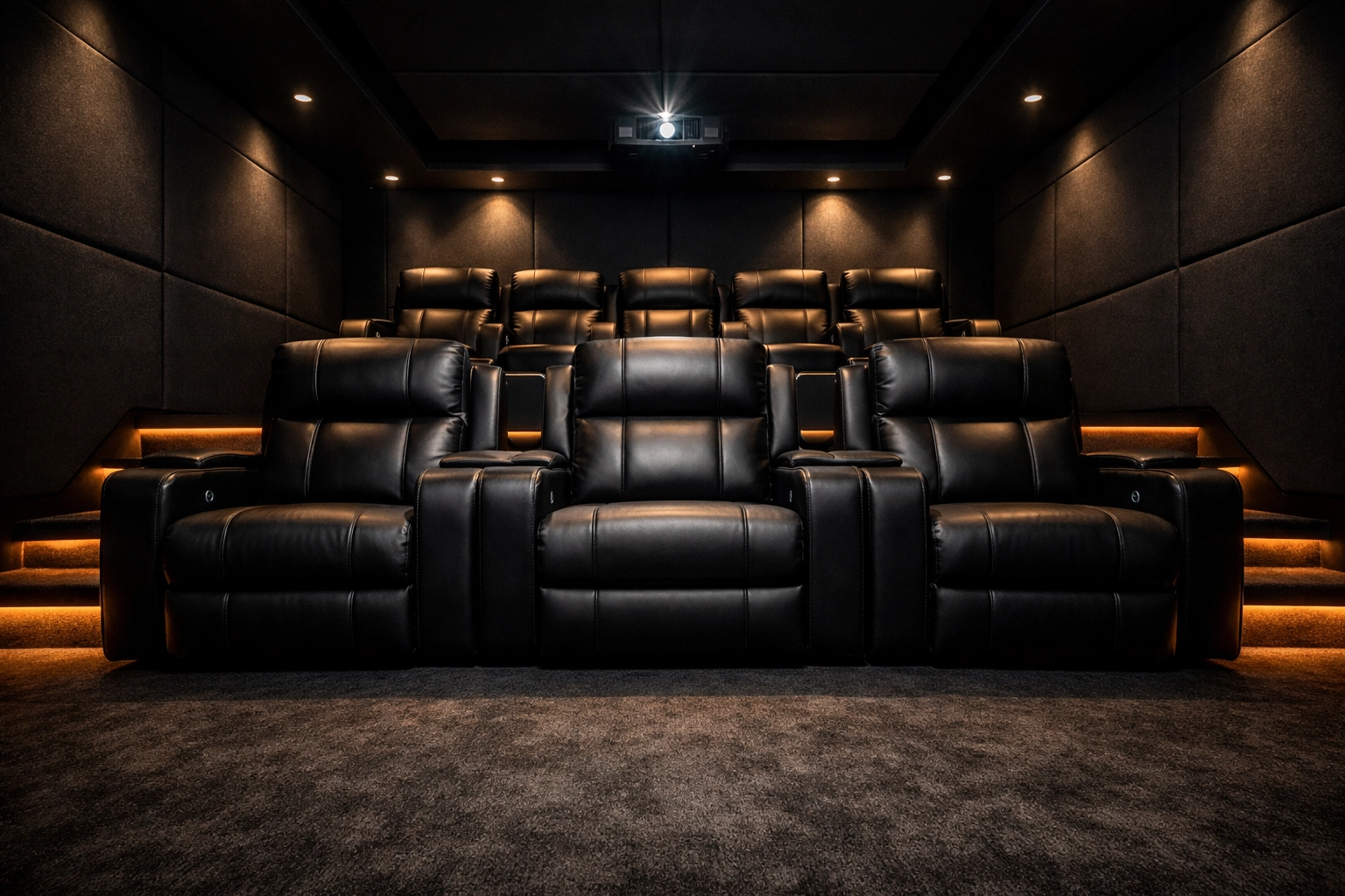Tiered luxury leather seating and LED lighting in a custom home theater installation with perfect sightlines.