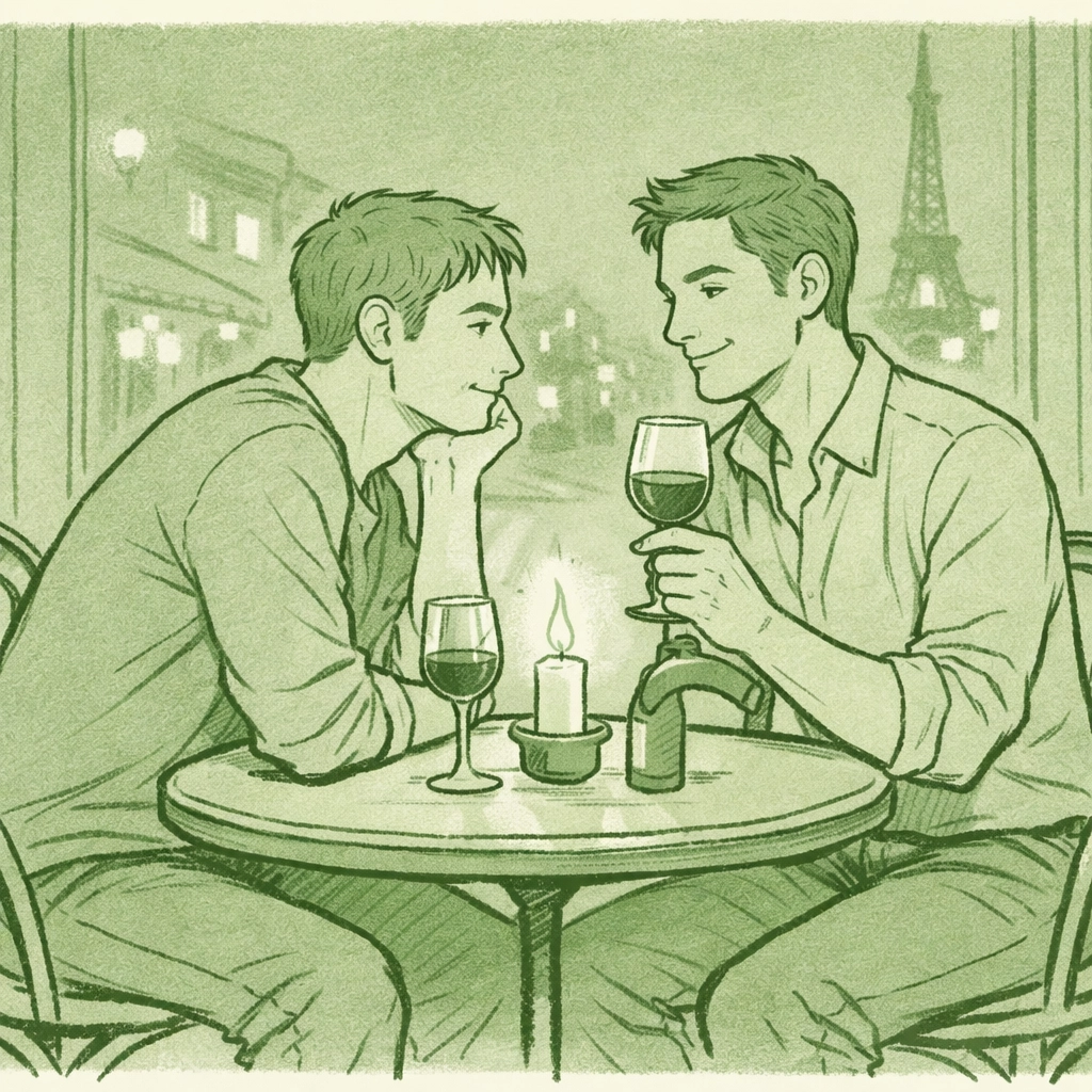 Romantic dinner scene with two men at intimate Parisian bistro - gay romance setting