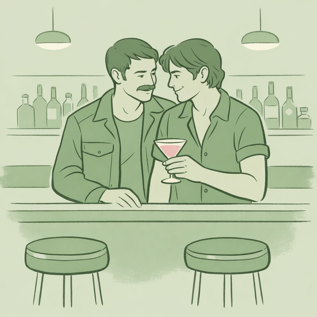 Two men enjoying pink martinis at 1970s San Francisco gay bar