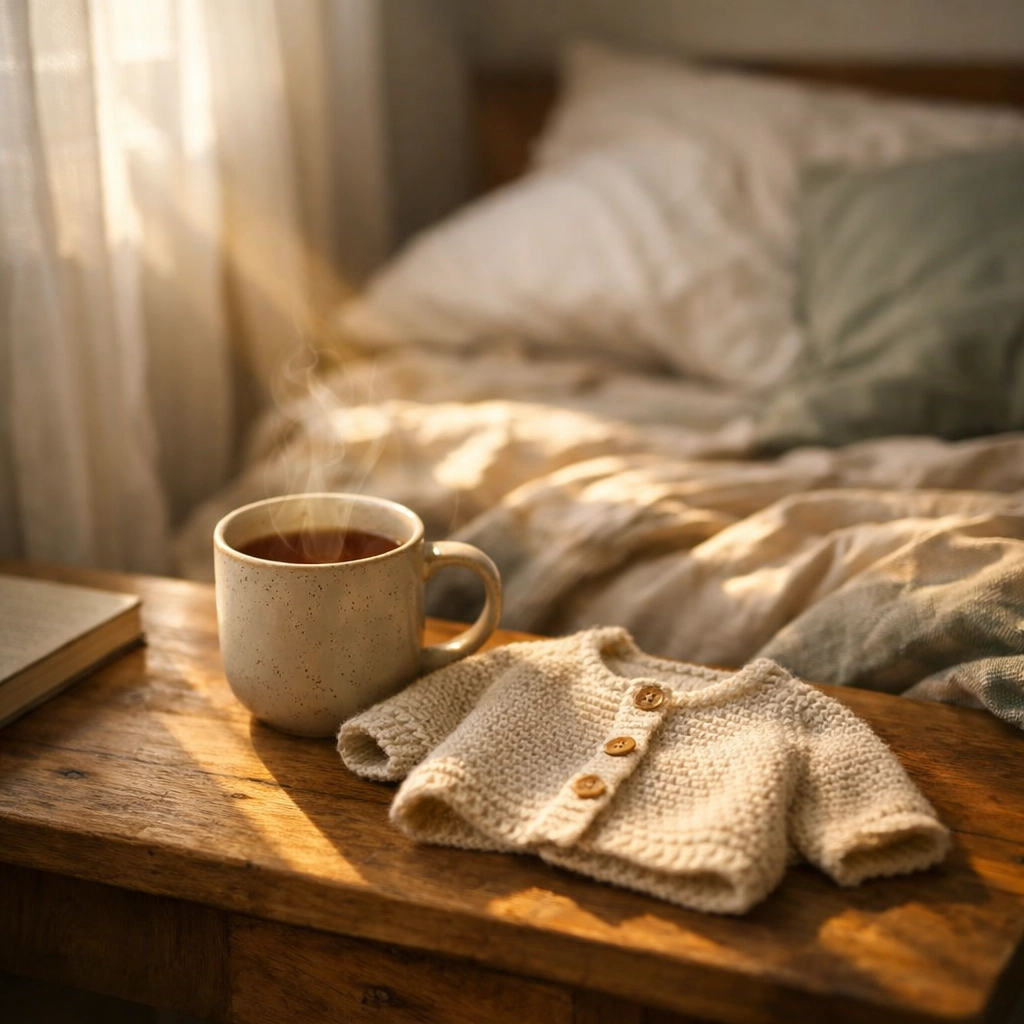 Sunlit bedroom with cozy linens and a baby cardigan, symbolizing a peaceful space for postpartum recovery and rest.