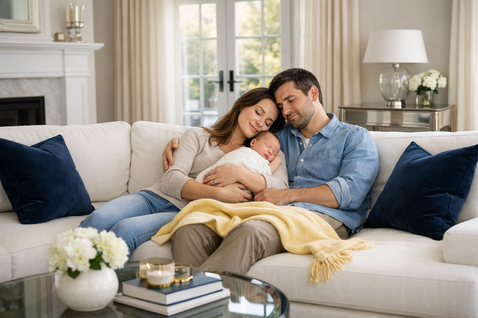 Relaxed new parents holding their baby in a tidy Shrewsbury home after professional house cleaning.