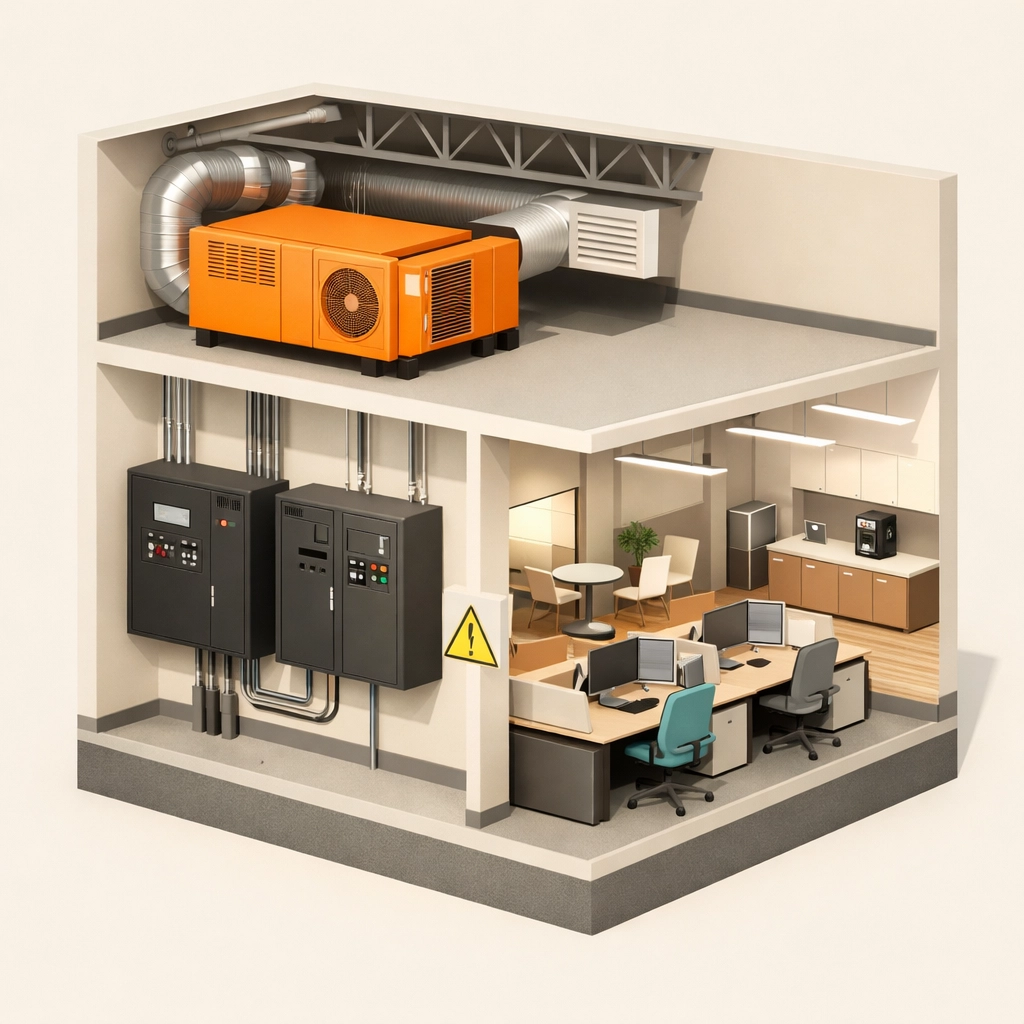Commercial building interior showing HVAC and electrical upgrades that affect insurance coverage