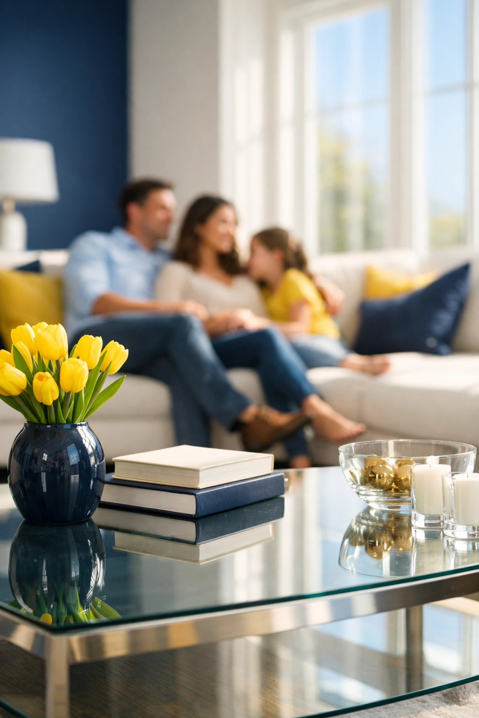Family relaxing in a sunlit, dust-free Dover living room maintained by residential cleaning Massachusetts experts.