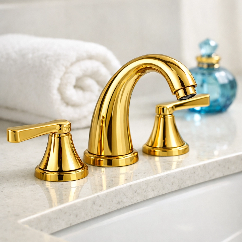 Spotless gold faucet and quartz vanity showcasing meticulous residential cleaning Massachusetts standards.