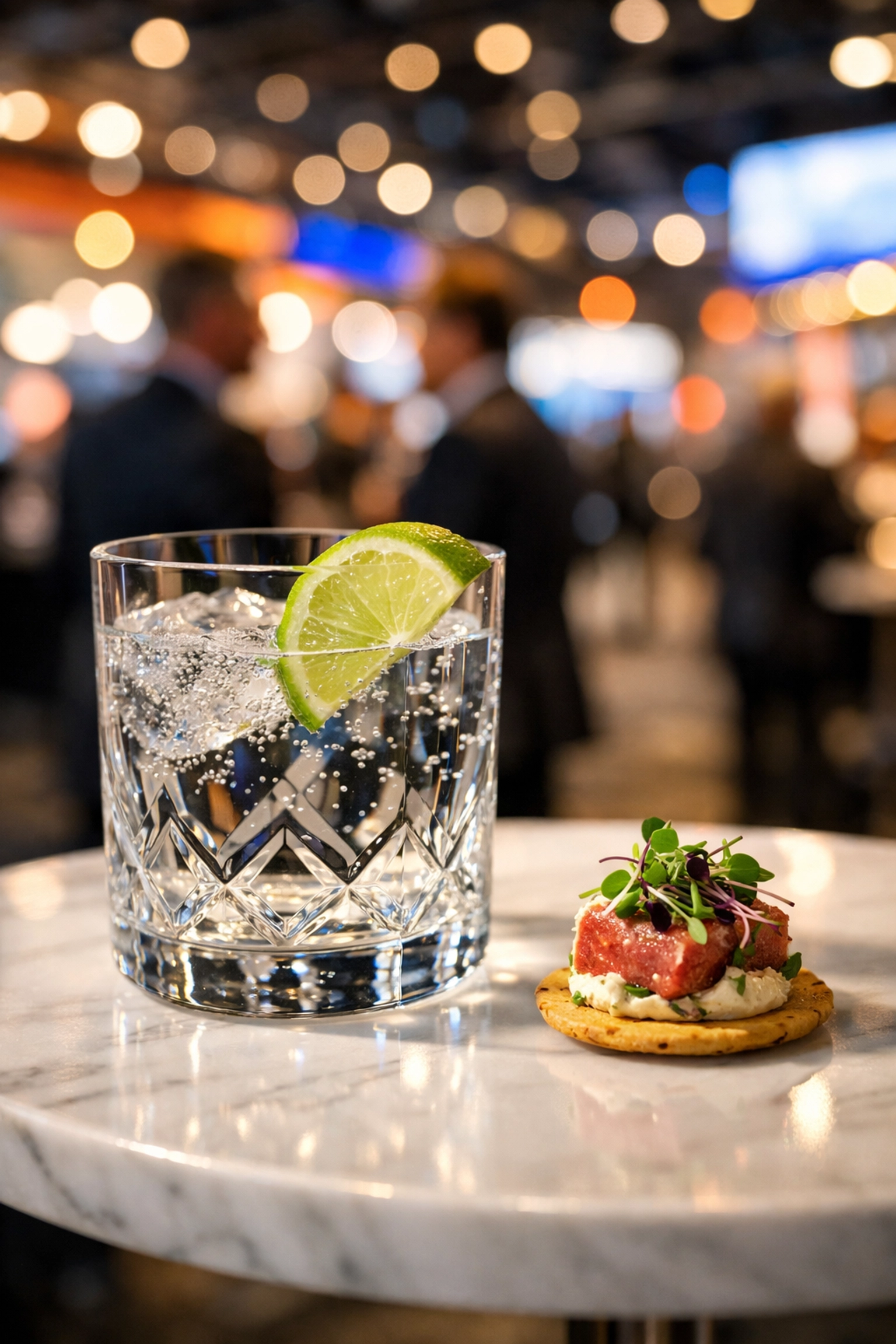 Detail shot of high-end corporate networking catering and brand details at a Miami trade show.