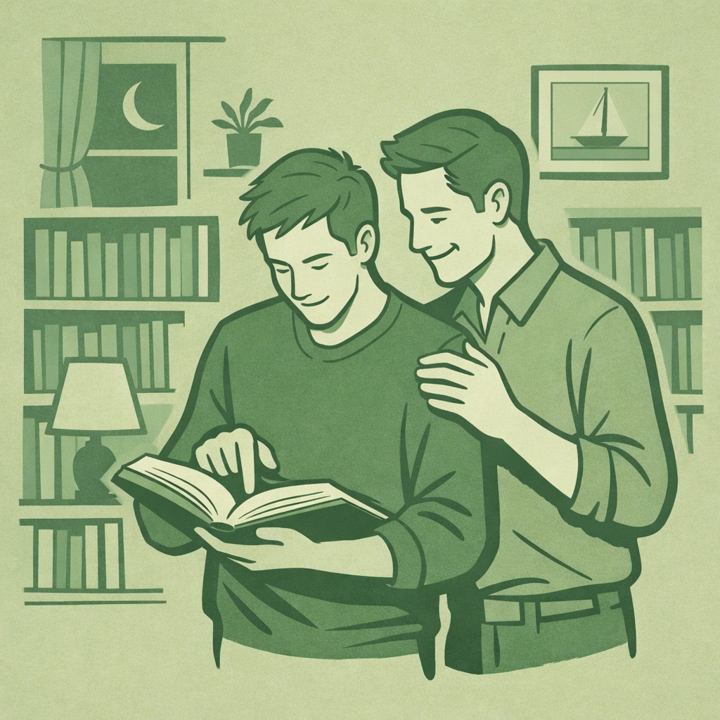 Two men exploring books together, representing the value of education in MM romance fiction.