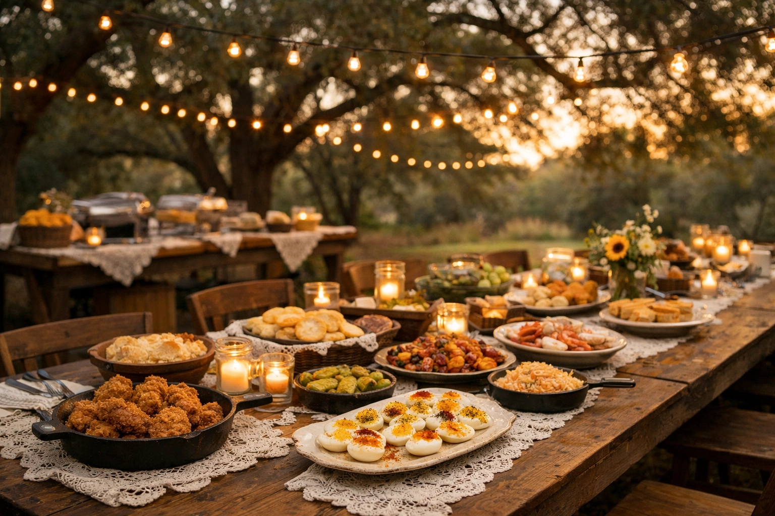 Rustic outdoor event catering setup with warm lighting and interactive Southern food stations.