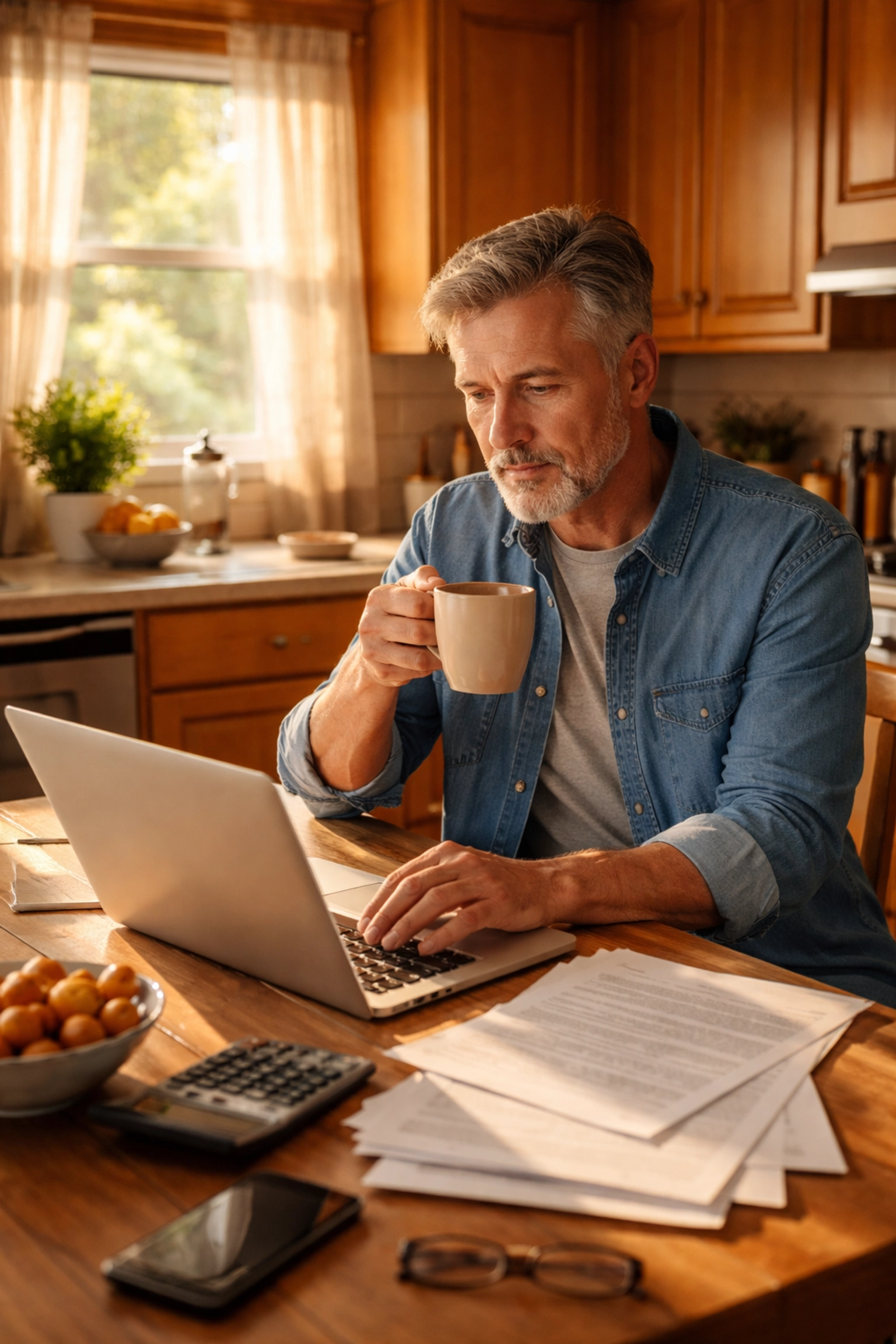 Georgia homeowner researching no realtor home sale options at kitchen table with laptop and paperwork