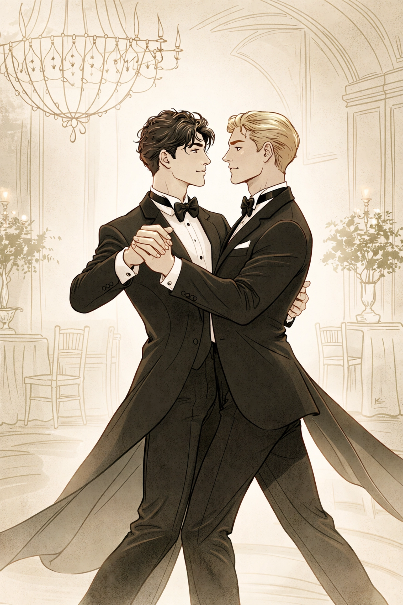 Two men in tuxedos waltz at a luxurious ballroom, capturing the romance and tension of an MM spy gala.