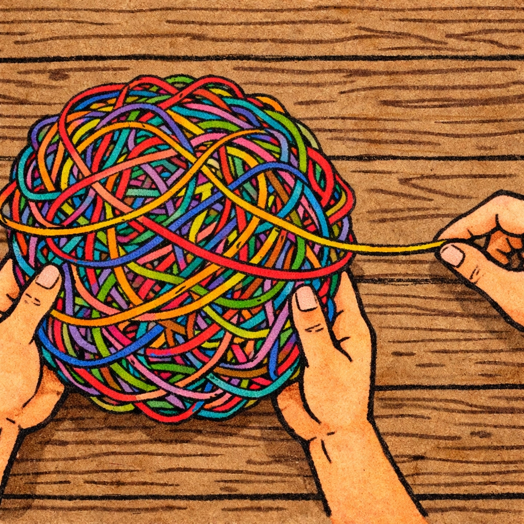 Drawing of hands untangling a ball of yarn, showing how specialized counseling resolves depression.