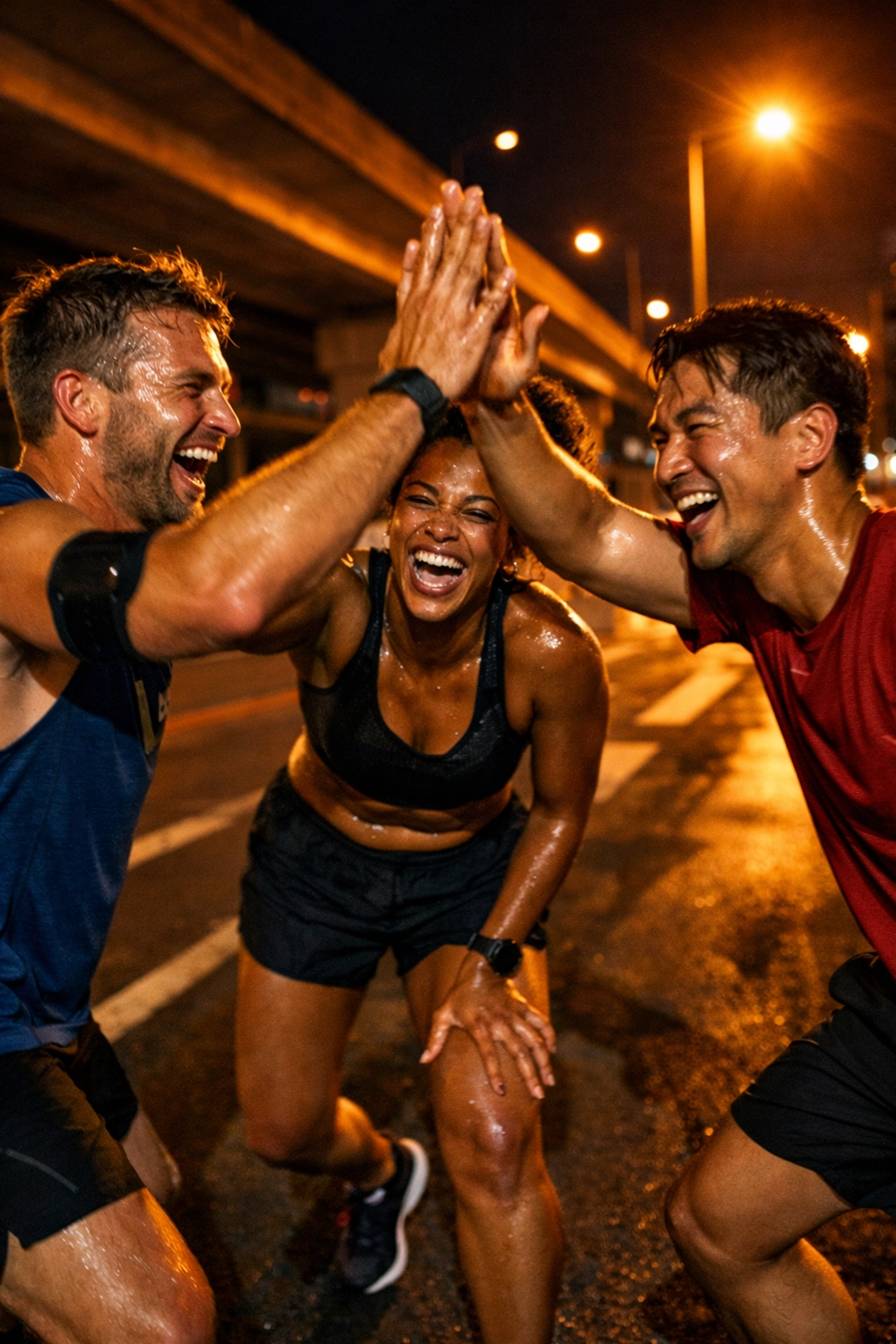 Alt Text: High-contrast photo of a diverse group of runners high-fiving after a workout; motion blur, bold shadows, and orange accents—celebrating community support that helps nervous system regulation and long-term consistency.