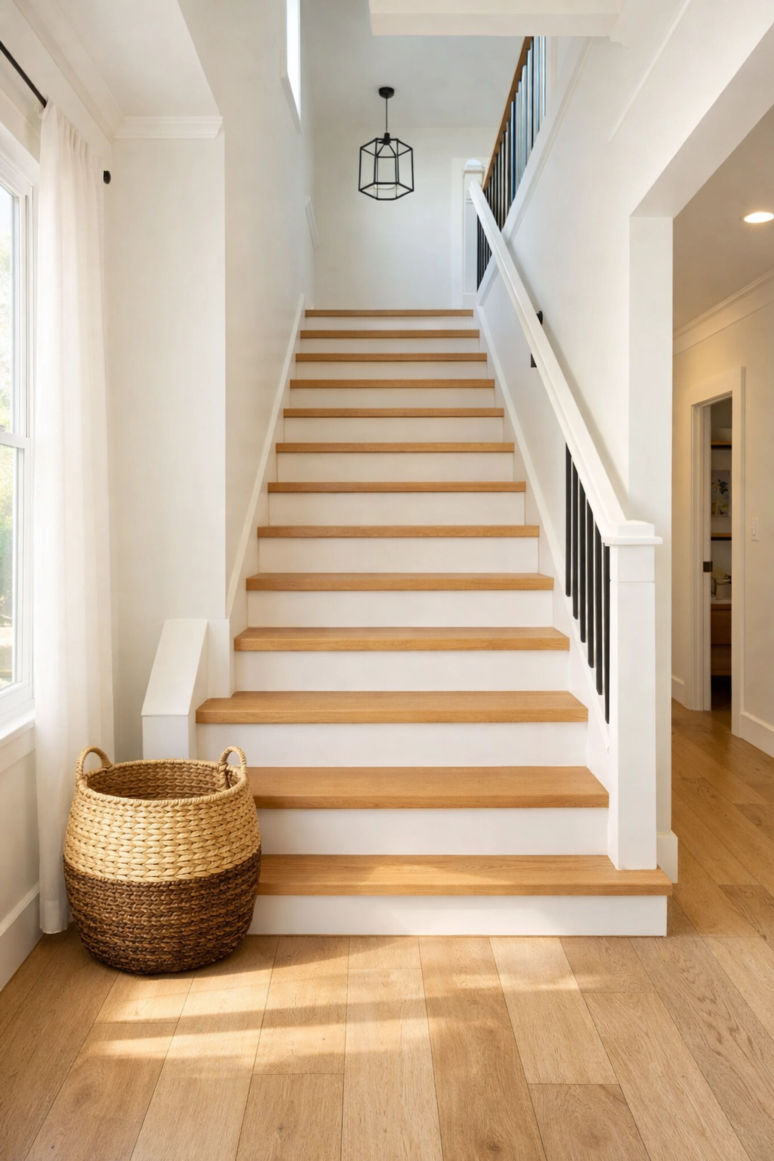 A clean and clutter-free wooden staircase in a home to ensure safe passage and prevent tripping hazards.