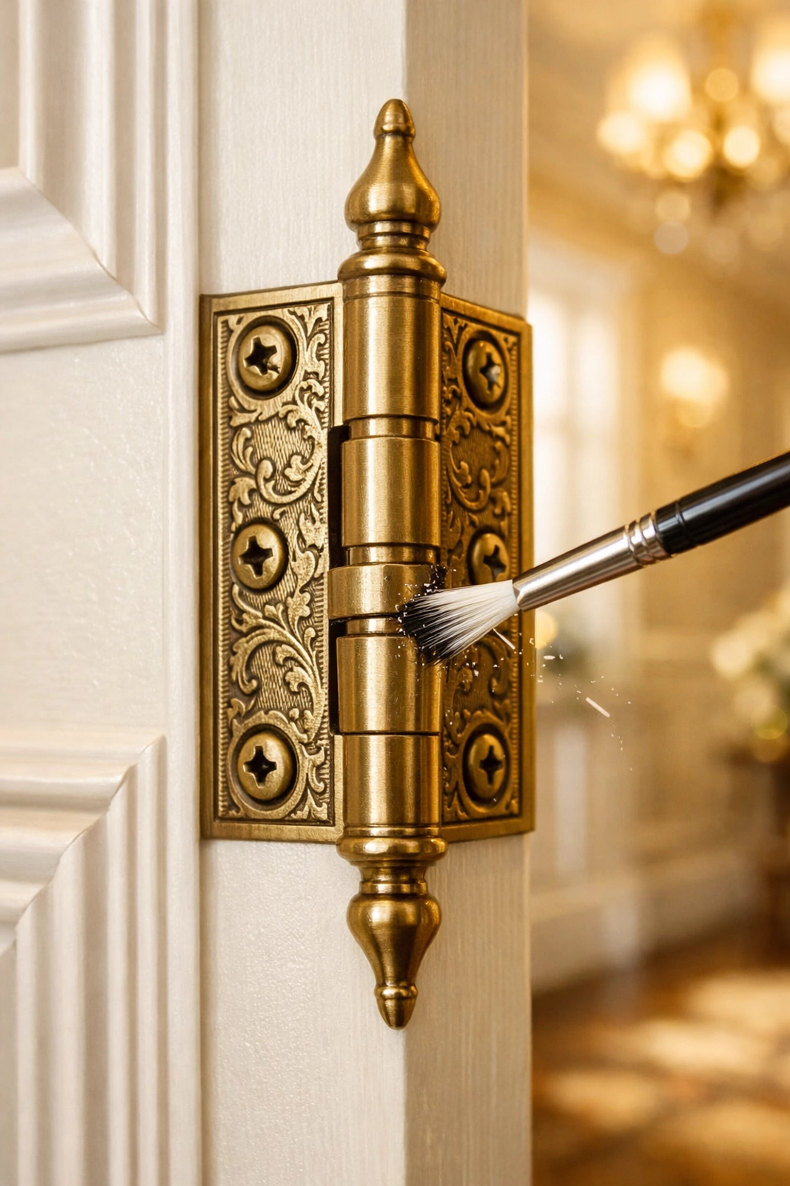 Precision post-construction cleaning of a brass hinge in a new Carlisle home.