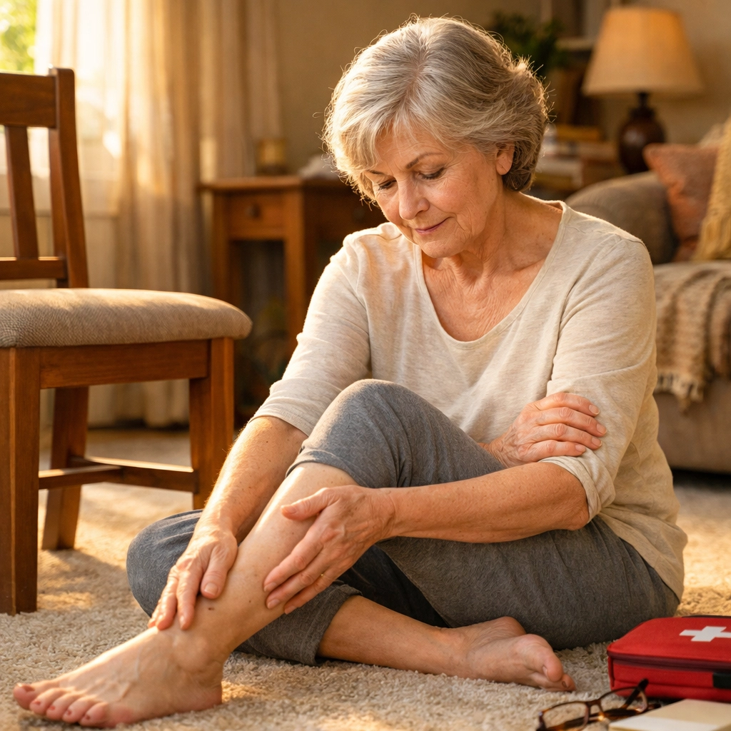 Senior woman assessing for injuries after a fall, sitting calmly on living room floor
