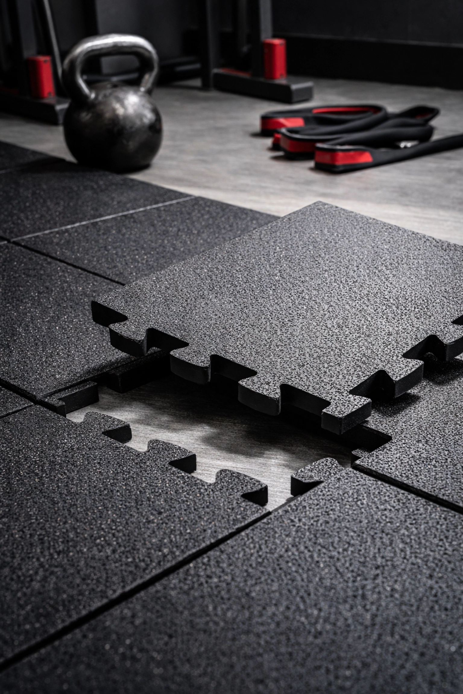 Interlocking rubber gym flooring tiles being installed to protect a home gym floor from workout impact and damage