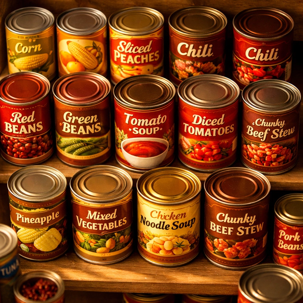 Creative canned food meals displayed in bowls including chili, tuna salad, and fruit salad. 