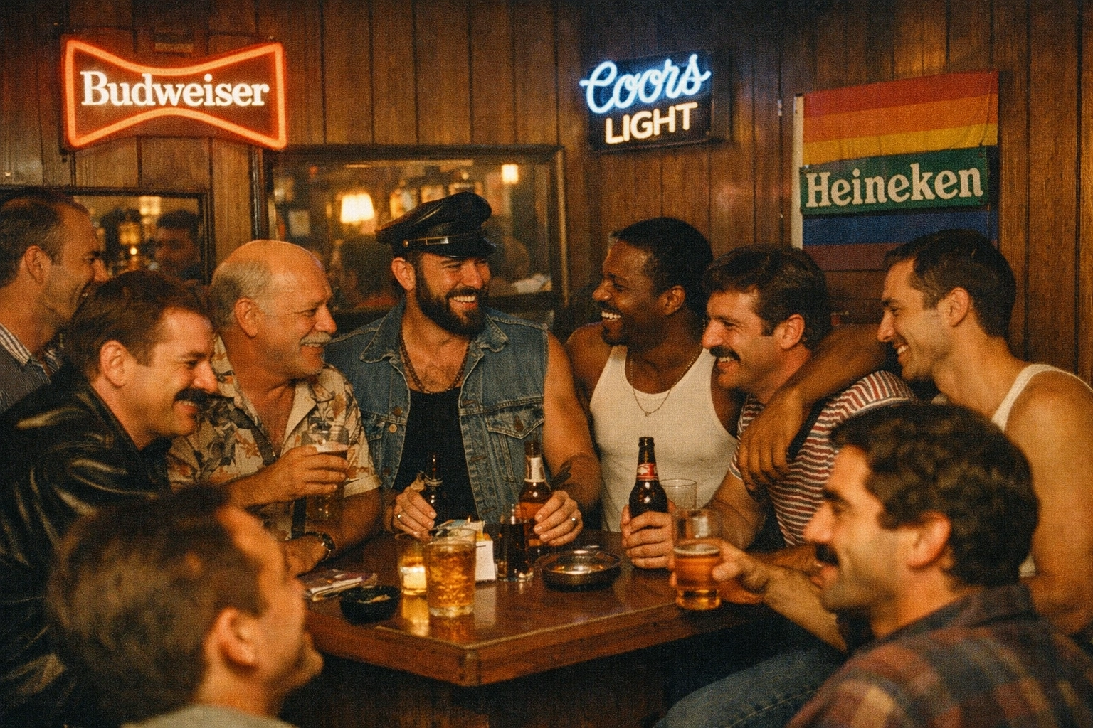 Historic 1980s gay bar interior showing diverse LGBTQ+ community gathering and socializing