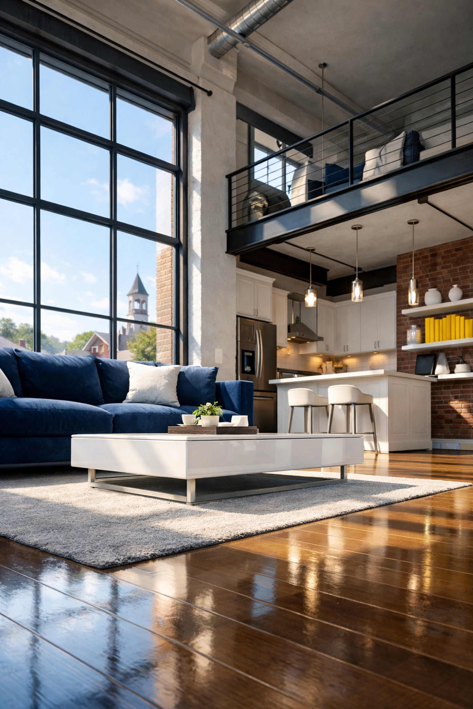 Clean and organized modern apartment loft featuring professional apartment cleaning in Maynard, MA.