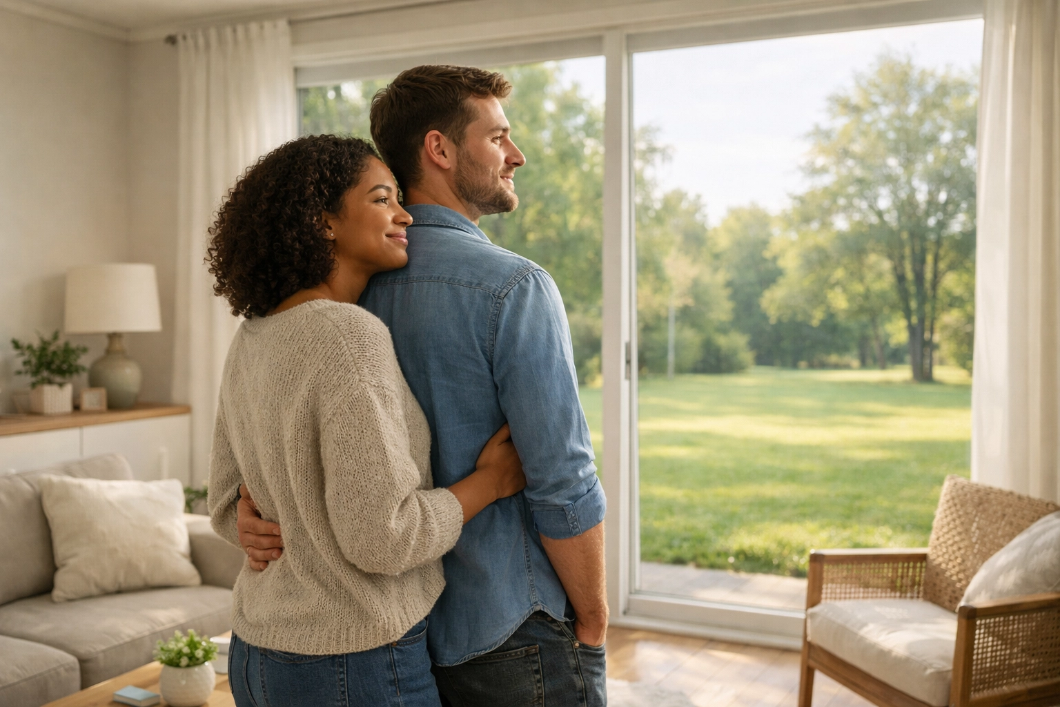 A happy couple enjoying the view from their modern living room in an affordable Houston home.