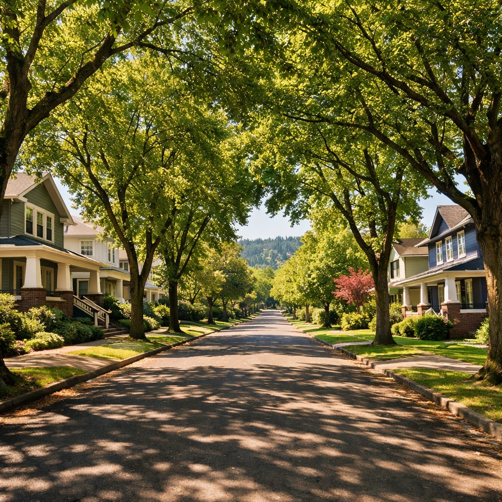 Tree-lined Irvington residential street in Northeast Portland with Craftsman homes and mature street canopy