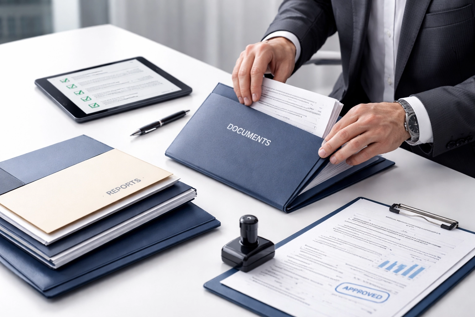 Business professional organizing compliance paperwork and checklist for debt collection merchant account approval