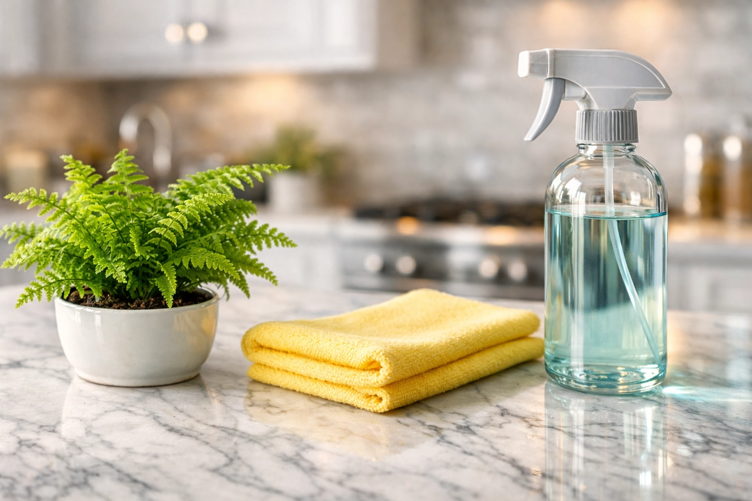 Safe eco-friendly products used for residential cleaning Hopedale MA on a pristine kitchen countertop.