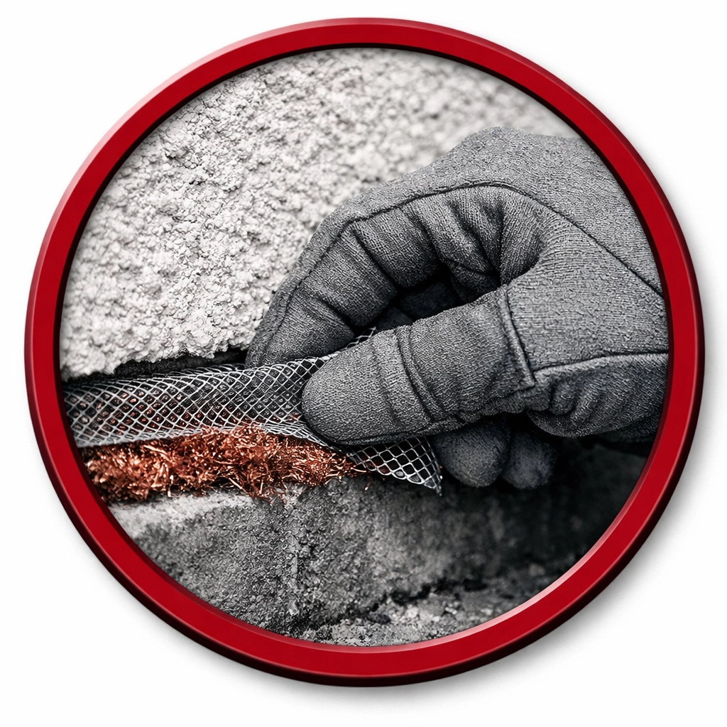 Professional pest control technician sealing home entry points with steel mesh to prevent rodent access.