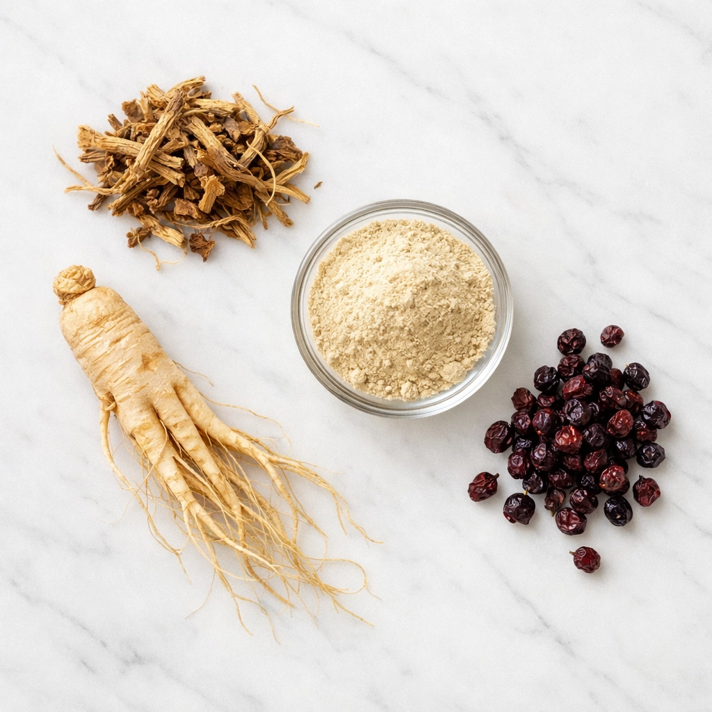 Collection of adaptogen herbs including rhodiola root, ashwagandha powder, and ginseng arranged on marble