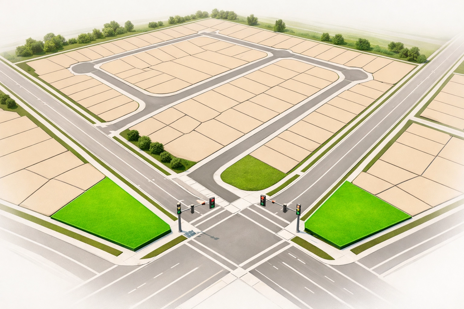 Land development tract showing residential lots and corner parcels at intersection