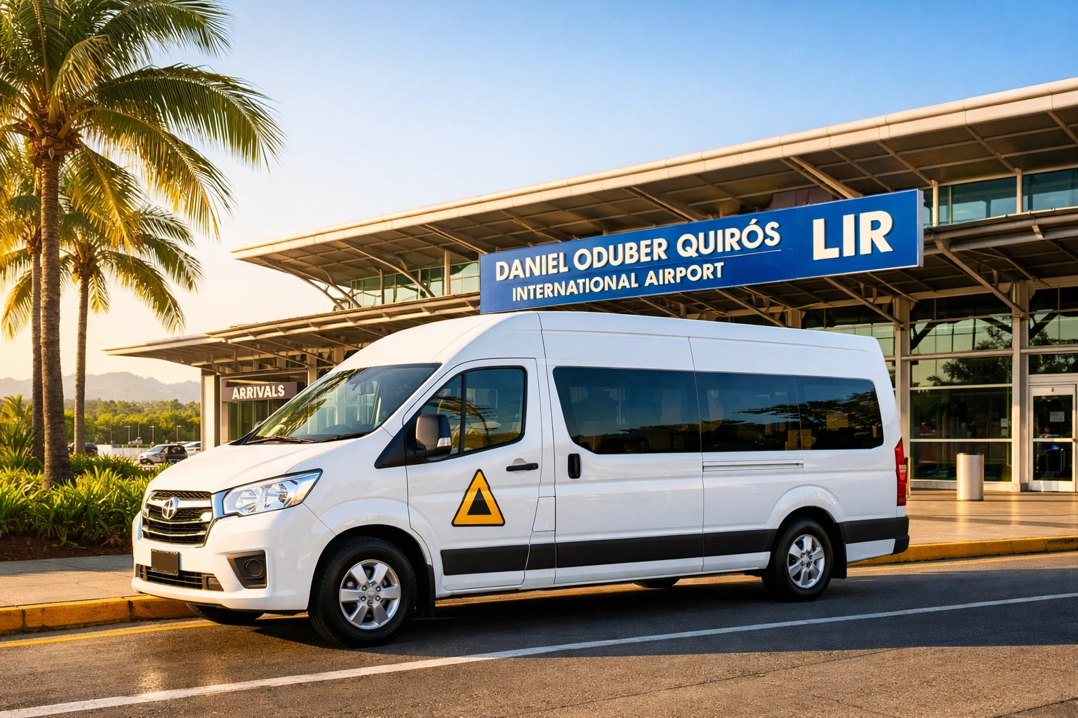 Licensed Liberia airport shuttle van with official yellow triangle emblem at LIR terminal.