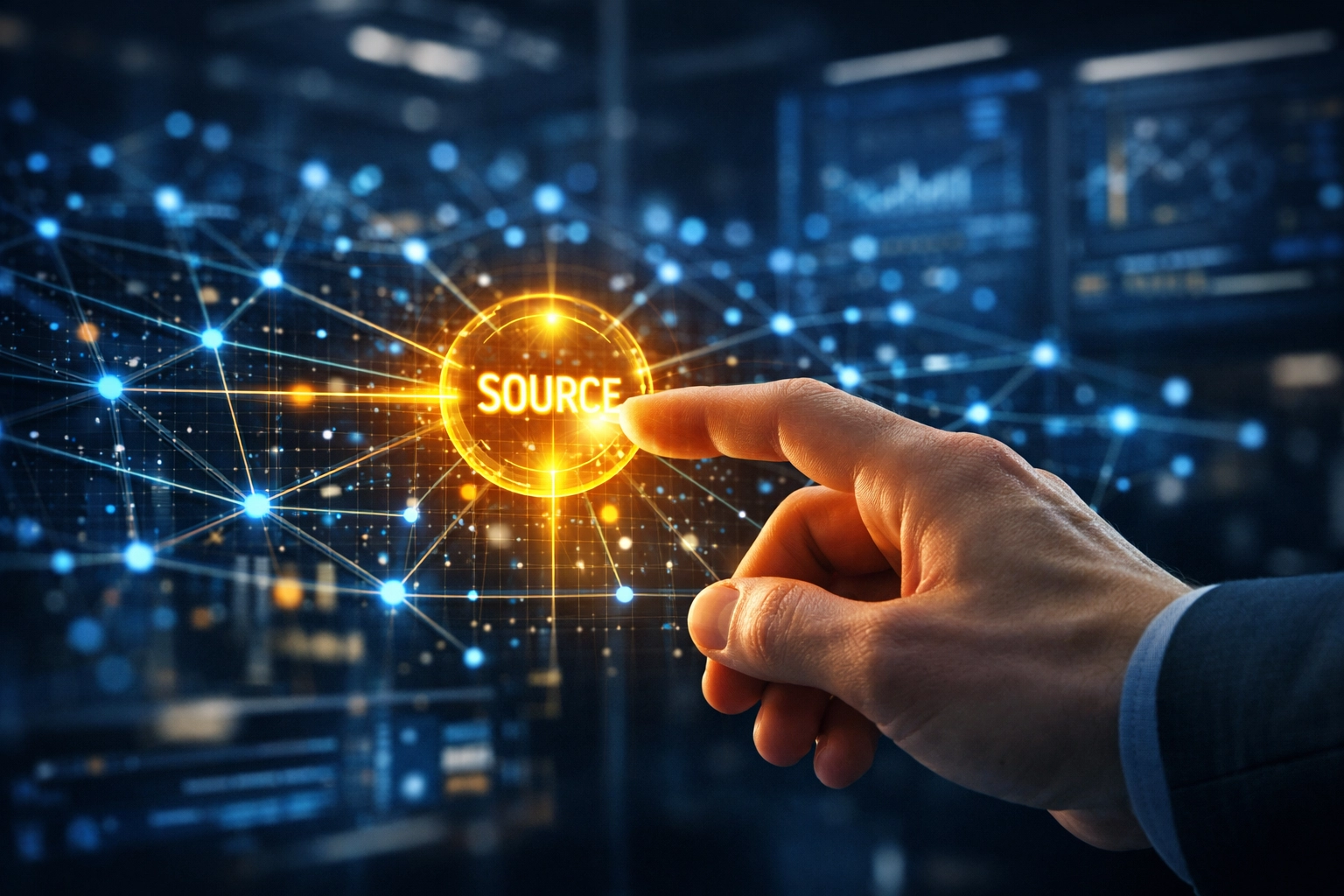 A hand selecting a golden data node in a network, representing source credibility in AI search strategies for 2026.