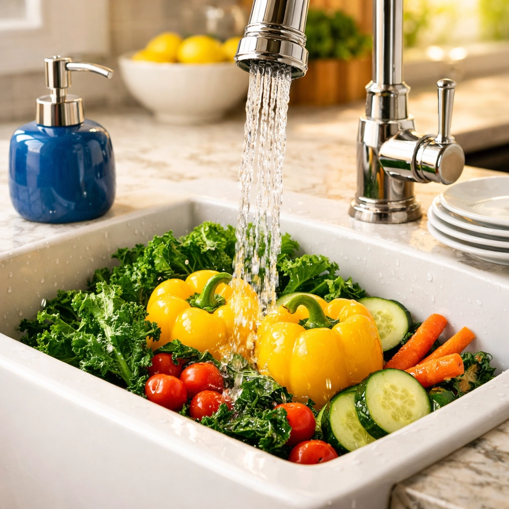 Organic vegetables being rinsed in a sink with Castile soap nearby, showing all-purpose green cleaning.