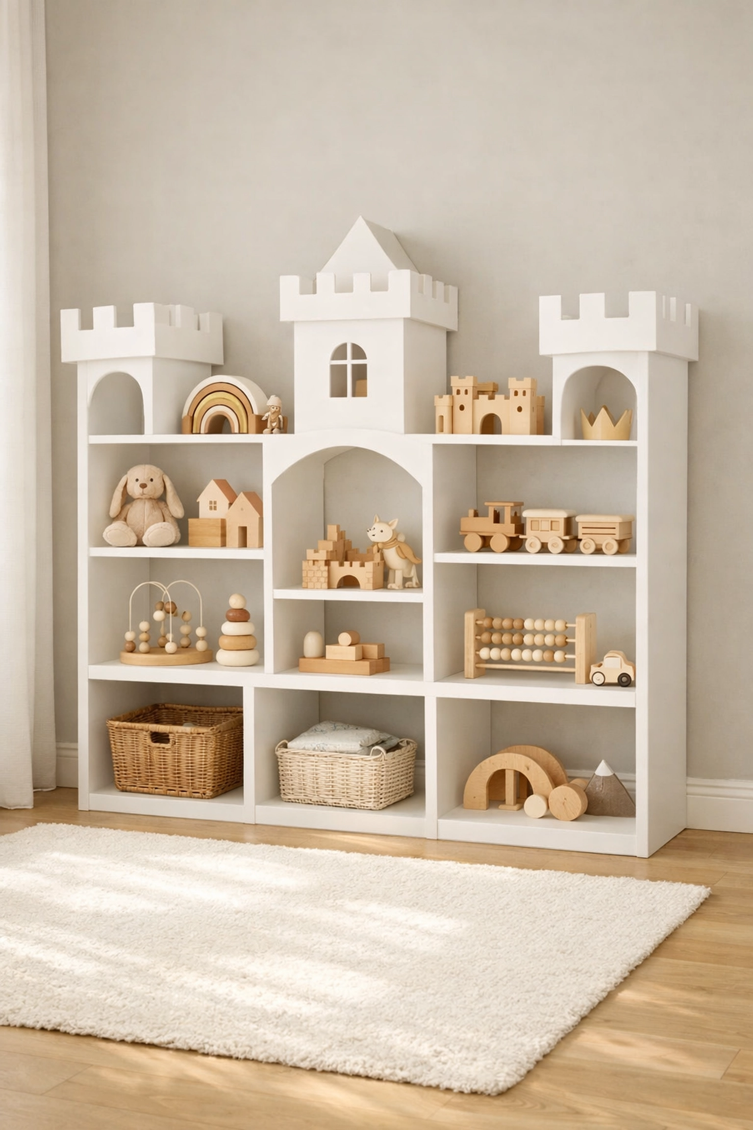 White Vabches castle bookshelf in a modern playroom, a key piece for no-demo renovation.