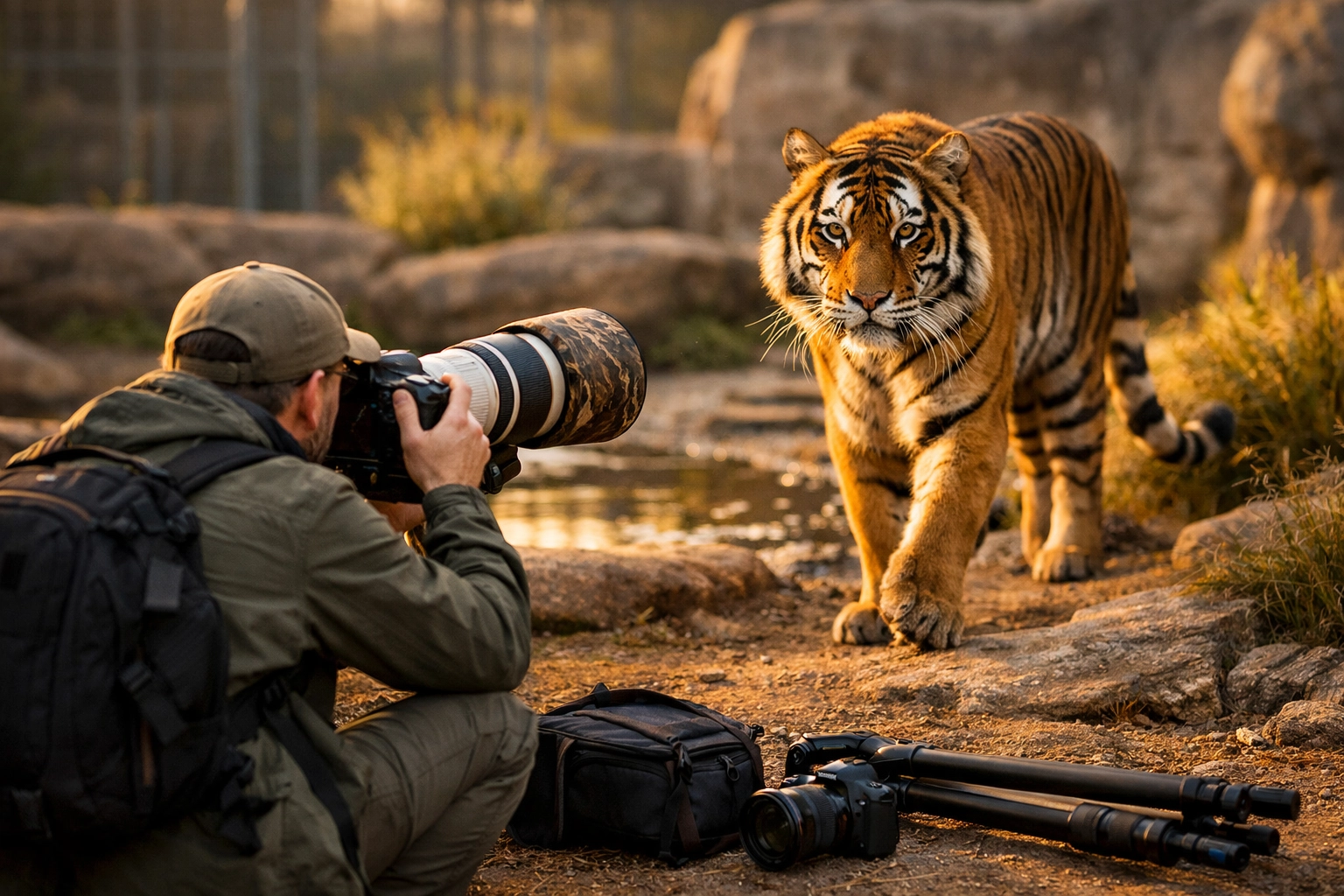 Wildlife photographer documenting endangered tiger at zoo for conservation storytelling campaign