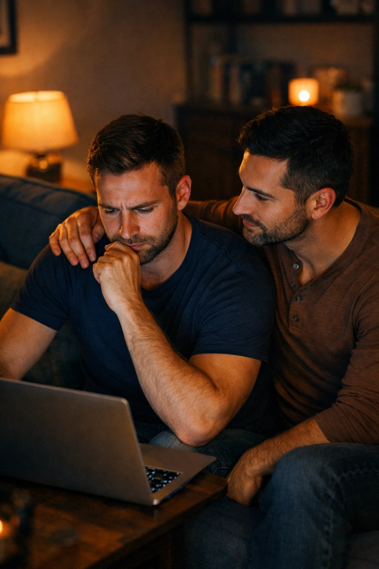 Gay couple having serious conversation about relationship intimacy and communication on couch