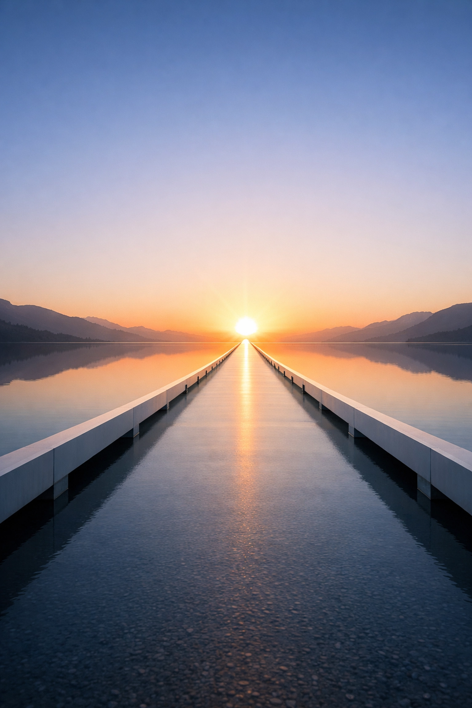 A smooth minimalist bridge leading toward a sunrise, symbolizing a streamlined and successful client onboarding journey.